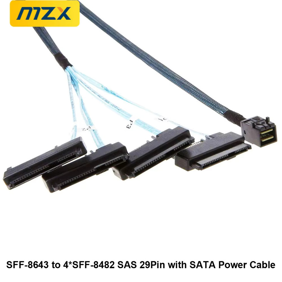 MZX Mini-SAS zu SAS Adapter Kabel SFF-8643 auf 4x SFF-8482 mit 29-Pin SATA-Stromanschluss, Schwarz, Länge: 50 cm - Bild 2
