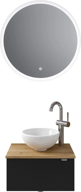 Pelipal Badmöbel-Set Serie 6915 Halifax Eiche und Schwarz Matt mit Waschtischunterschrank, Waschtischplatte, Keramik Aufsatzbecken und Funktionsspiegel mit LED-Beleuchtung und Sensor-Schalter - Bild 1
