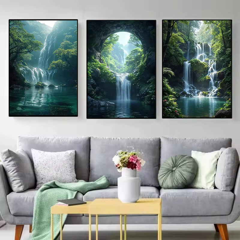 Leinwand Wandbild von Potdemiel mit Naturmotiv Wasserfall und Wald in Grün und Multicolour - Bild 2