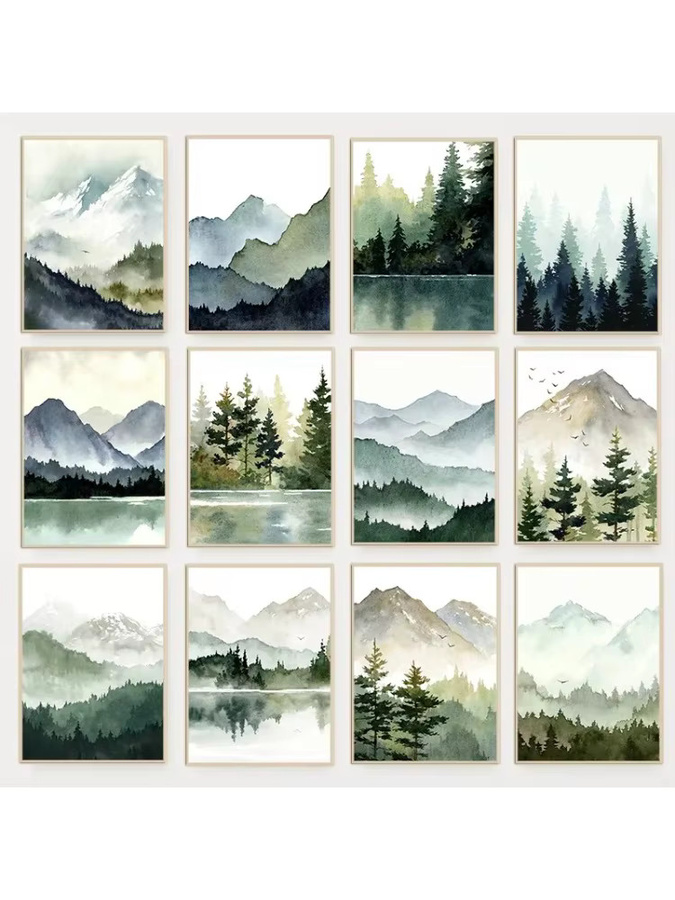 Potdemiel Leinwandgemälde Waldsee mit nebliger Berglandschaft und Kiefernbaum als minimalistischer Wandkunstdruck - Bild 3
