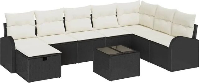 vidaXL Garten-Sofa-Set aus Polyrattan in Schwarz, 9-teiliges Lounge-Set mit Kissen für Terrasse und Garten - Bild 1