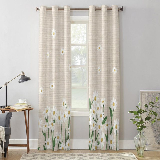 Binchi Outdoor Equipment Raffgardine mit Gänseblümchen-Blumenmuster in Beige und Weiß, halbtransparent, B: 135 cm, H: 60 cm - Bild 1