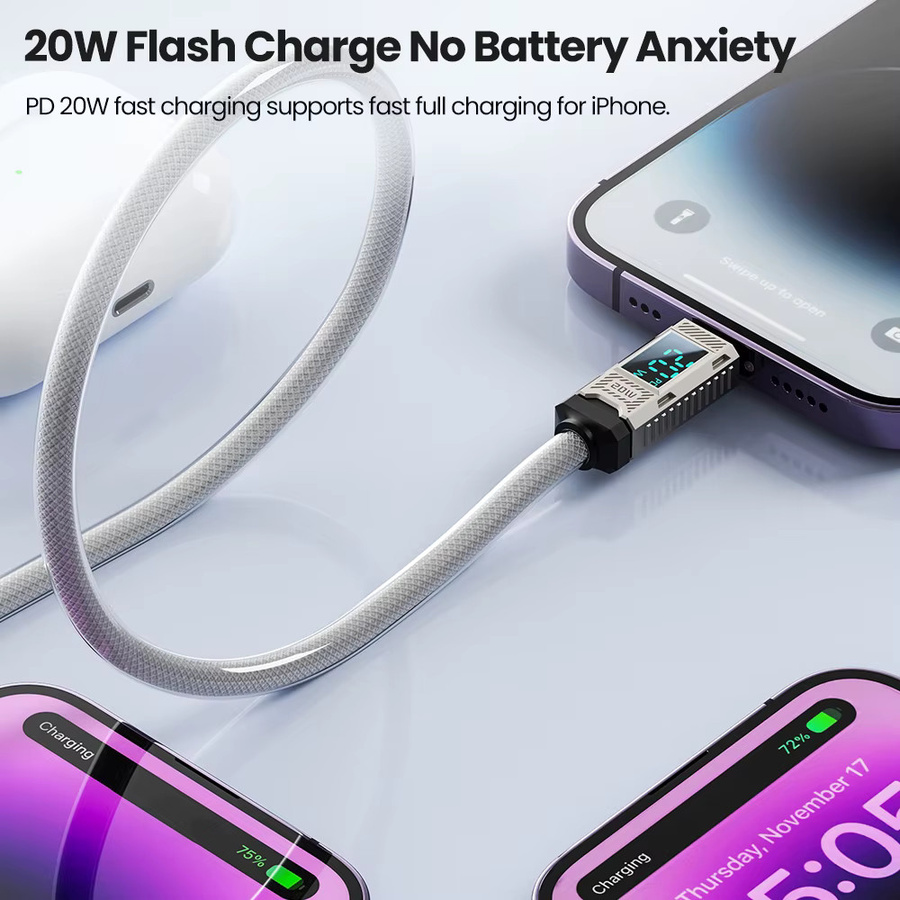 Toocki USB-C Schnellladekabel mit Digitalanzeige 20 W für iPhone, iPad und AirPods in Schwarz - Bild 3