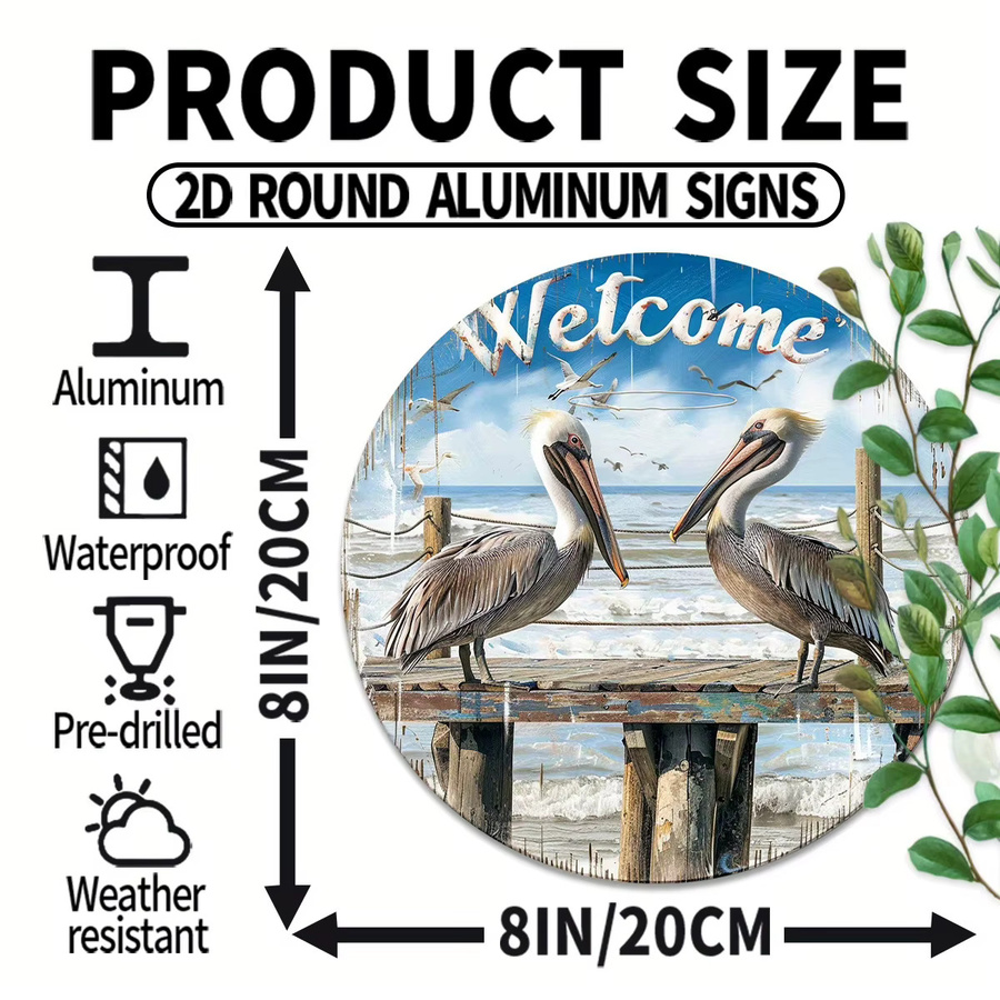 Potdemiel Rundes Aluminiumschild Welcome Pelicans Vintage Metallschild für Garten und Wanddekoration, Durchmesser: 20 cm, Mehrfarbig - Bild 3