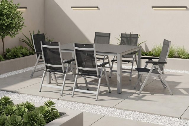Kettler BasicPlus Premium Garten-Essgruppe aus Aluminium und Spraystone in Silber mit Tisch und 6 Klappstühlen, Tisch Breite: 160 cm, Tiefe: 95 cm, Höhe: 74 cm - Bild 1