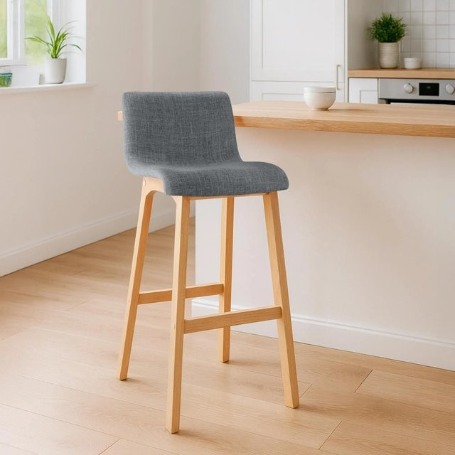 DELUKE Barhocker TENAR mit Lehne aus Stoff in Hellgrau und Braun, B/T/H: 41 x 46 x 102 cm - Bild 1