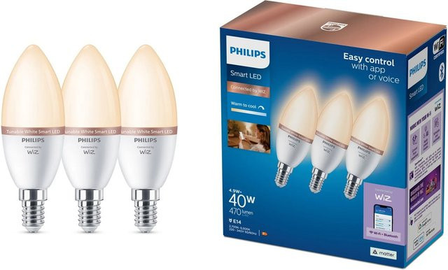 Philips WiZ LED Leuchtmittel E14 Kerzenform, 3er Set, Weiß, 5 W, 2700 K, WLAN, kompatibel mit Amazon Alexa, Apple HomeKit und Google Home - Bild 1