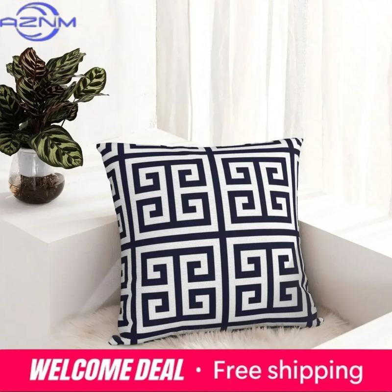 Shunika Chen Kissenbezug Griechischer Schlüssel in Marineblau mit geometrischem Muster aus weichem Polyester und Reißverschluss, B/B: 45,7 x 45,7 cm - Bild 5