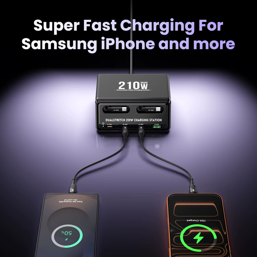 TOPZERO 6-in-1 GaN USB-C Schnellladestation mit einziehbarem Typ-C-Kabel, Power Combo Tower Ladegerät in Schwarz - Bild 3
