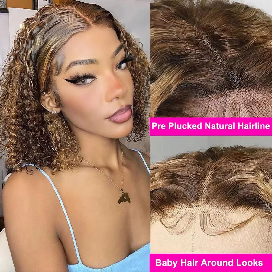 Doralia Bob Perücke, Deep Curly Highlight 4/27, 16 Zoll, 100 % Echthaar, HD Lace Frontal - Bild 2