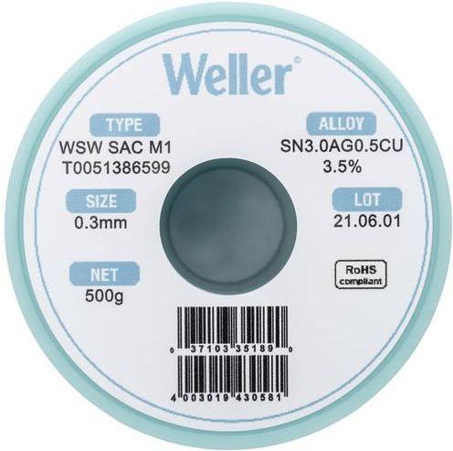 Weller Lötzinn Sn3,0Ag0,5Cu bleifrei Spule 0,30 mm 500 g - Bild 1
