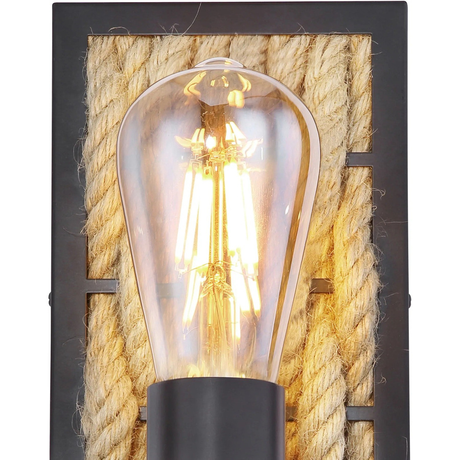 Globo Lighting Wandleuchte Halia aus Metall und Holz in Schwarz Matt mit braunem Hanf-Element - Bild 2