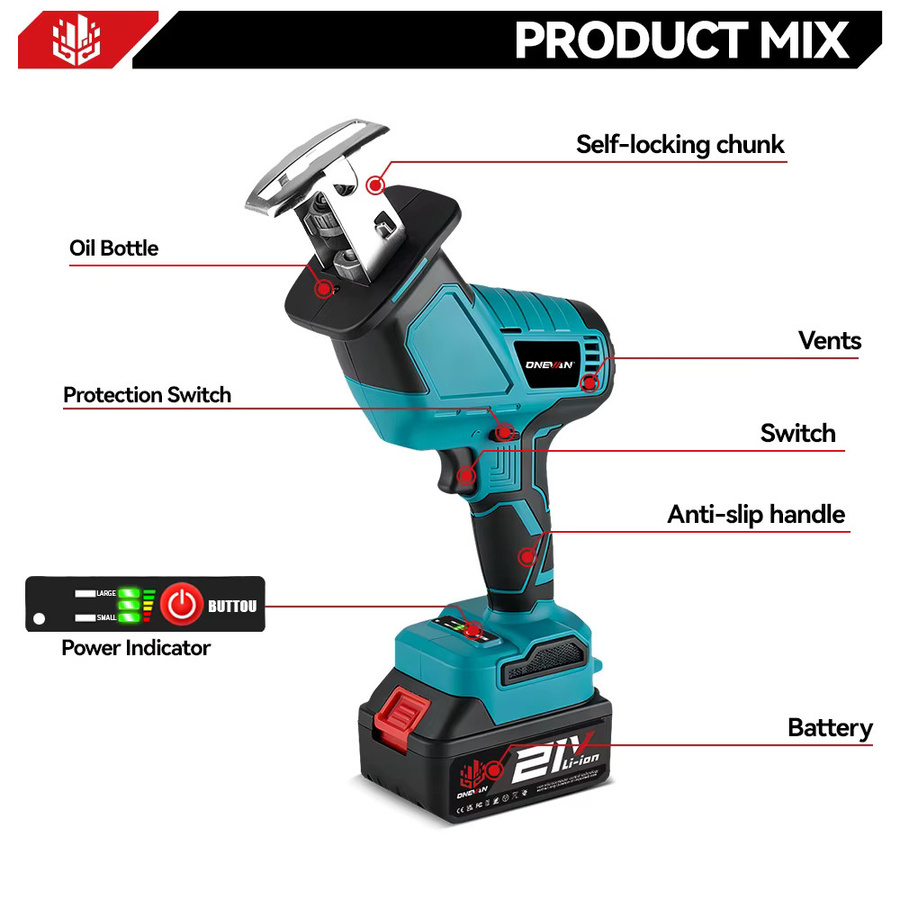 ONEVAN Bürstenlose elektrische Säbelsäge für Makita 18V Akku, 12000 U/min, kabelloses Elektrowerkzeug zum Schneiden von Metall und Holz - Bild 3