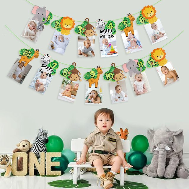 ZQNYCY Fotobanner Safari Dschungel Papiergirlande mit Tierprint für den 1. Geburtstag, Mehrfarbig - Bild 1