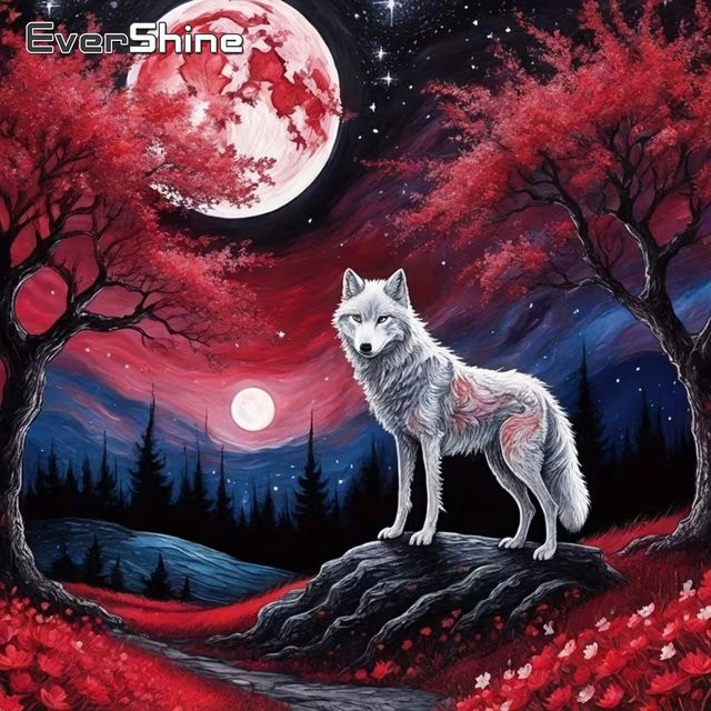 EverShine Diamant-Stickerei DIY-Malset Wolf und Mond als Mosaik-Wanddekoration, Mehrfarbig - Bild 1