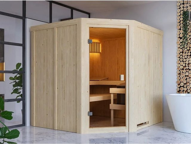 Karibu Innensauna Celine aus Fichtenholz in Beige ohne Ofen B: 181 cm, T: 192 cm, H: 181 cm - Bild 1