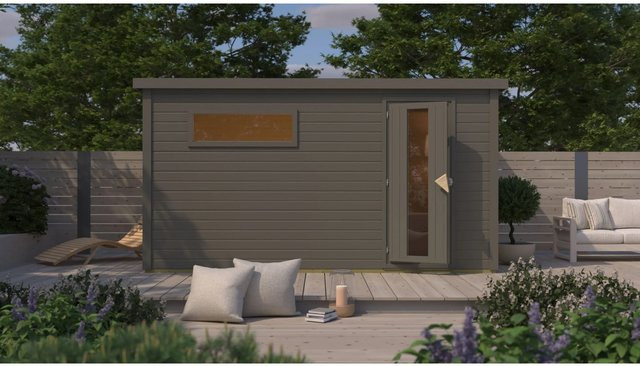 Karibu Saunahaus Arvi 6 aus nordischer Fichte in Terragrau mit 9 kW Ofen und Iso-Tür - Bild 1