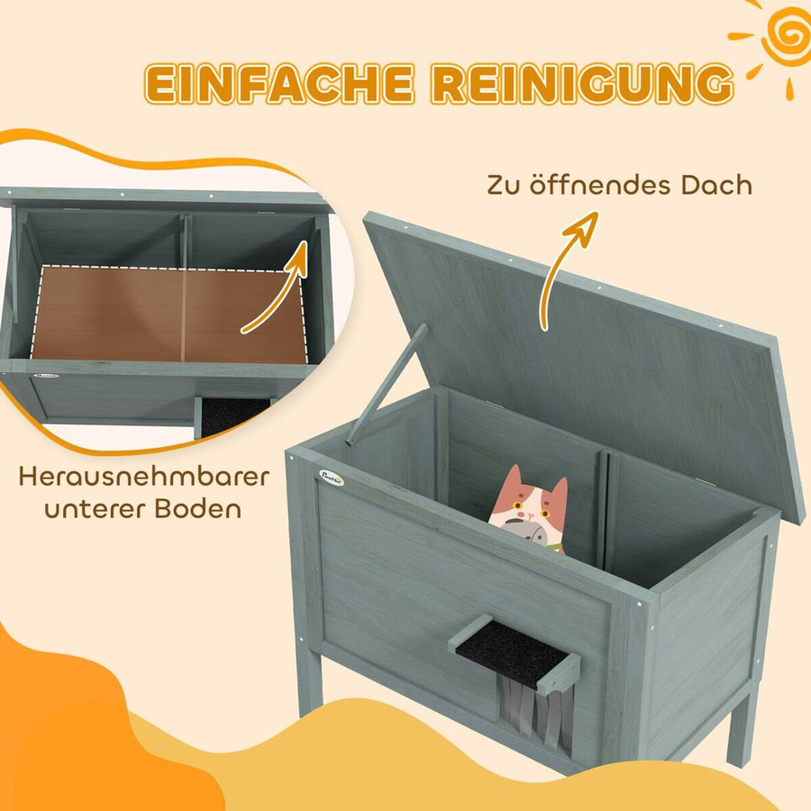 PawHut Katzenhaus aus Holz in Dunkelgrau, wetterfeste und isolierte Katzenhütte mit abnehmbarem Pultdach für Garten und Balkon, B/T/H: 50 x 85 x 68,5 cm - Bild 3