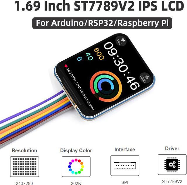 SHCHV 1,69 Zoll LCD IPS Anzeigemodul mit ST7789V2 SPI-Schnittstelle und 262K Farben für Arduino, ESP32 und Raspberry Pi, Auflösung 240 x 280 Pixel - Bild 1
