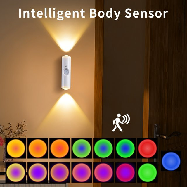 Vacamm Magnetisches LED-Nachtlicht mit Bewegungssensor und RGB-Sonnenuntergangseffekt, wiederaufladbare kabellose Wandlampe in Weiß für Treppen, Flur und Raumdekoration - Bild 1