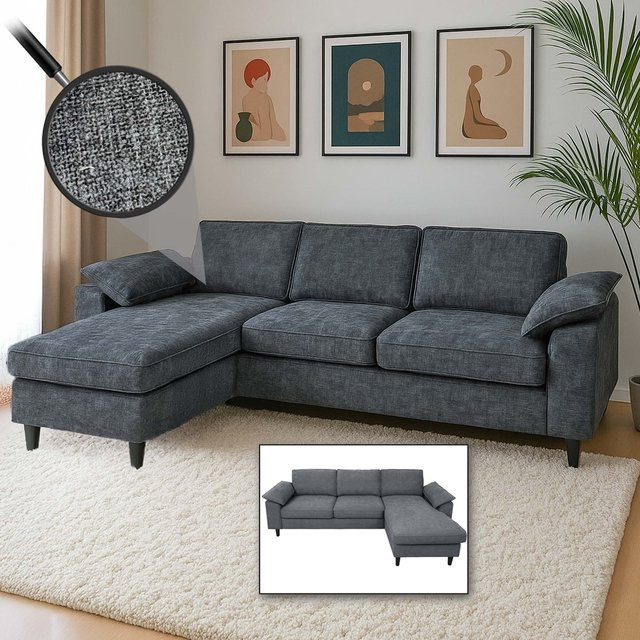 Sofa-Garnitur MCW-O71 Ecksofa in L-Form mit reversibler Liegefläche, Stoffbezug, Dunkelgrau, B/T/H: 229 x 84 x 140 cm - Bild 1