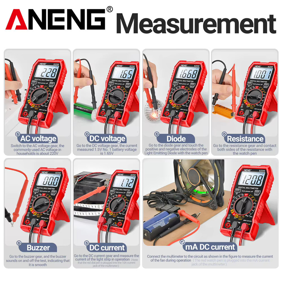 ANENG SZ06 Digital-Multimeter AC/DC Amperemeter in Rot mit 1999 Counts, Voltmeter und Multitester bis 600 V zur Messung von Spannung, Widerstand und Dioden - Bild 6