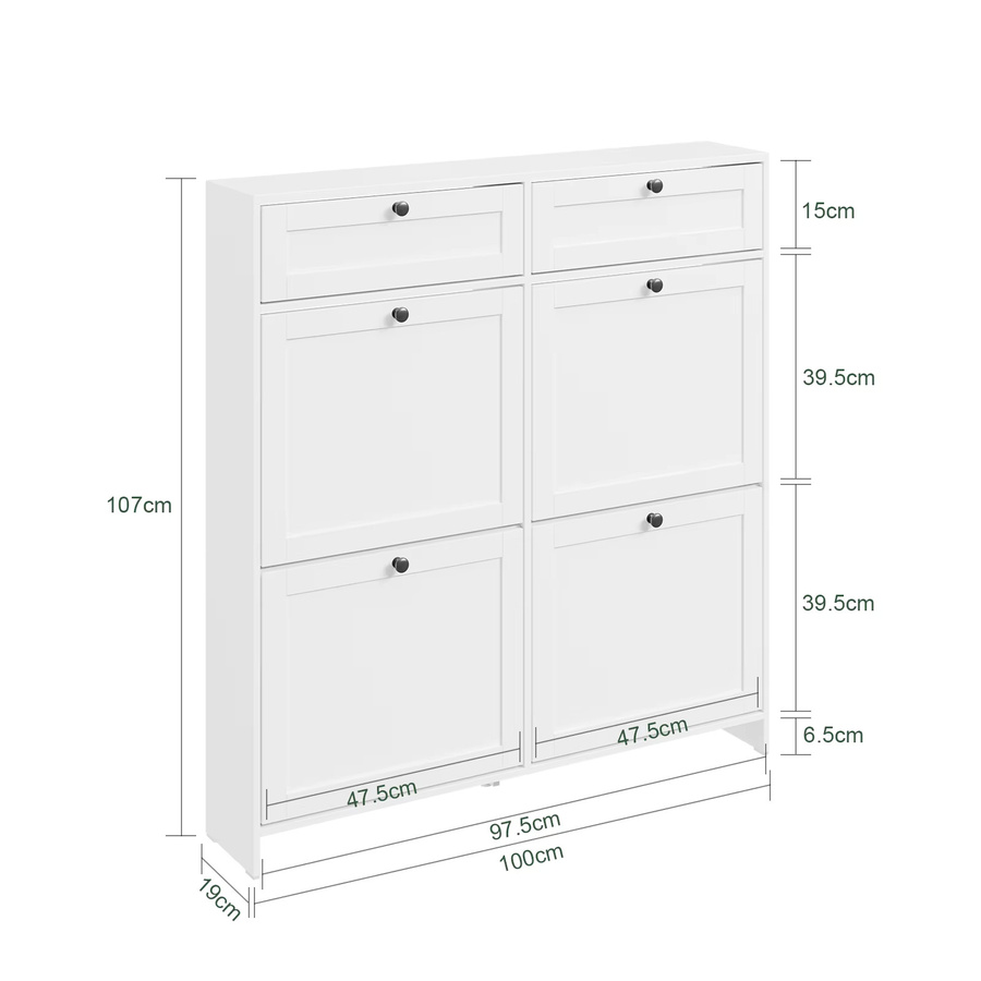 SoBuy Schuhschrank FSR208-W Schuhkommode in Weiß mit 2 Schubladen und 4 Klapptüren, Platzsparender Schuhkipper für Flur und Eingangsbereich, B/T/H: 100 x 19 x 107 cm - Bild 2