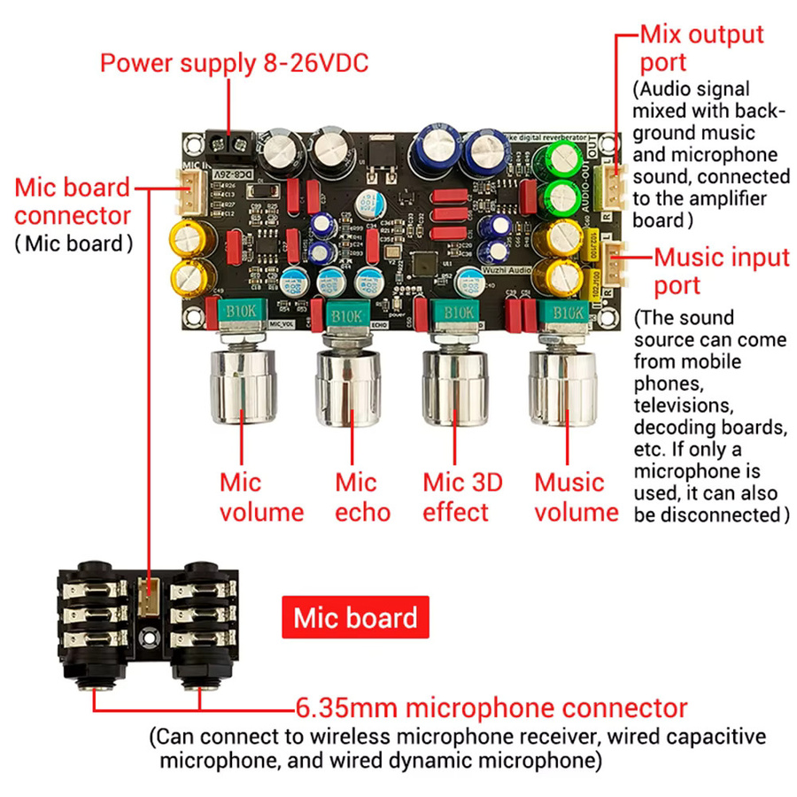 Voktta ZK-DAM-H2 Karaoke-Reverb-Board mit Bluetooth und USB-Dekodierung, geräuscharmes Effektgerät für externe Mikrofone, DC 8–36 V - Bild 3
