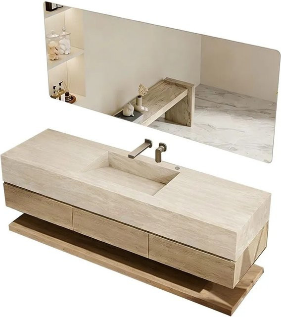360Home Badmöbel Set mit Sinterstein Waschbecken in Travertine Look, Beige, B/T/H: 120 x 55 x 25 cm, inklusive Spiegelunterschrank, Seitenunterschrank und LED-Beleuchtung - Bild 1