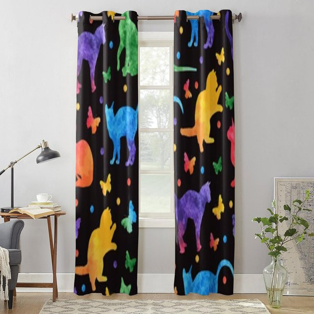 Super Six Fenstergardine mit Aquarell-Katzen und Schmetterlingen, Schwarz/Mehrfarbig, B: 135 cm, H: 60 cm - Bild 1