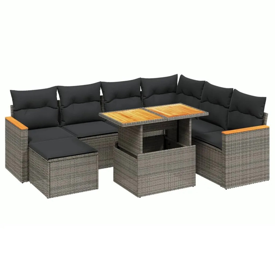 vidaXL 8-teilige Garten-Sofagarnitur in L-Form aus Poly-Rattan und Akazienholz in Grau mit Kissen - Bild 2