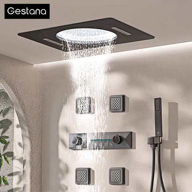 Gestana Deckenmontiertes 4-Funktions-Wasserfall-Duschsystem aus Messing in Gunmetal Grey mit thermostatischem LED-Anzeigegehäuse - Bild 1