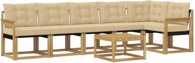 vidaXL 7-tlg. Outdoor-Sofagarnitur in L-Form mit Kissen und Couchtisch, Weiß und Beige, Akazienholz - Bild 1