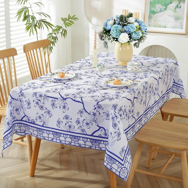 Wasserdichte rechteckige Tischdecke von JINGYUE Pet in Blau und Weiß für Sommer und Frühling, B/L: 140 x 140 cm - Bild 1