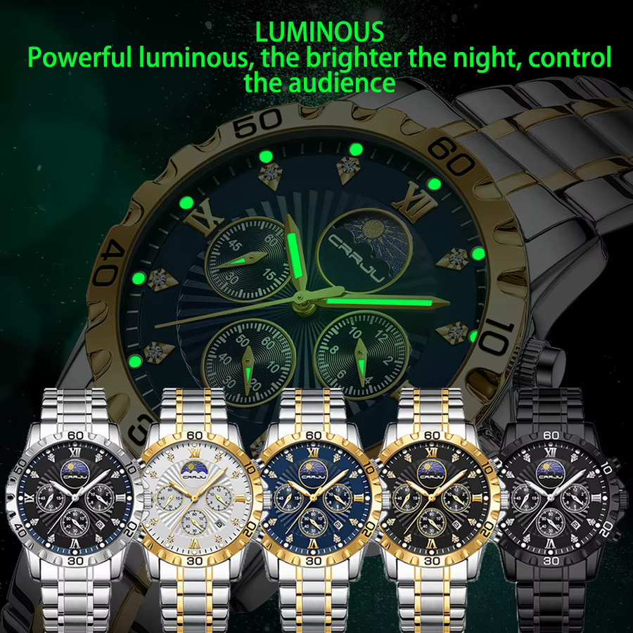 CRRJU Chronograph Armbanduhr, Quarz, Edelstahl, Schwarz, Herren - Bild 2