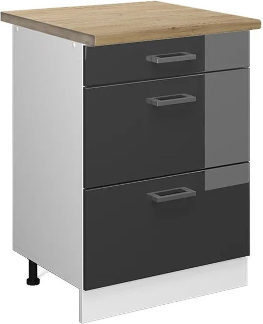 Vicco Küchenunterschrank R-Line in Anthrazit Hochglanz und Weiß mit Eiche-Optik und Schubladen, Breite: 60 cm, Höhe: 81,6 cm, Tiefe: 60 cm - Bild 1