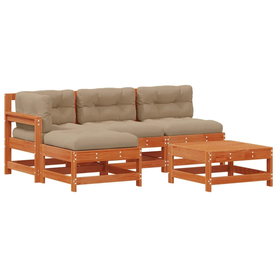 vidaXL Garten-Lounge-Set aus massivem Kiefernholz in Wachsbraun, 5-teiliges L-Shape Set mit wetterfesten Kissen - Bild 2