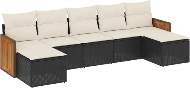 vidaXL 7-tlg Garten-Sofagarnitur in L-Form mit Kissen und Ottoman, Schwarz, Poly Rattan und Metallrahmen - Bild 1