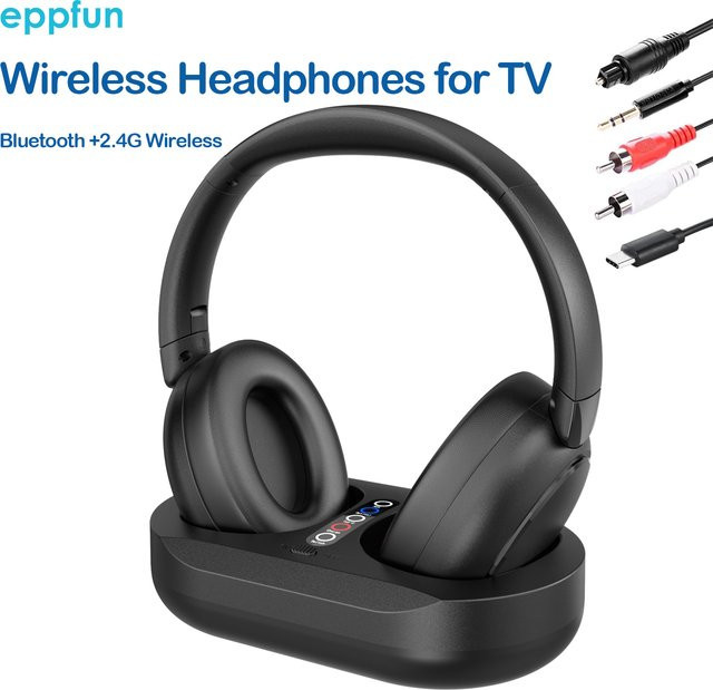 Eppfun Kabellose Kopfhörer mit Bluetooth und 2.4G Technologie, Sender-Ladestation in Schwarz mit Optischem Anschluss, RCA und Aux-Eingang - Bild 1