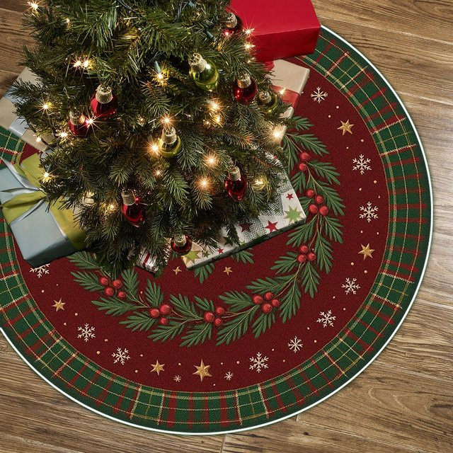 VIKAMA Weihnachtsbaum Rock American Vintage Plaid in Rot mit Holly Berry und Schneeflocken Muster - Bild 1