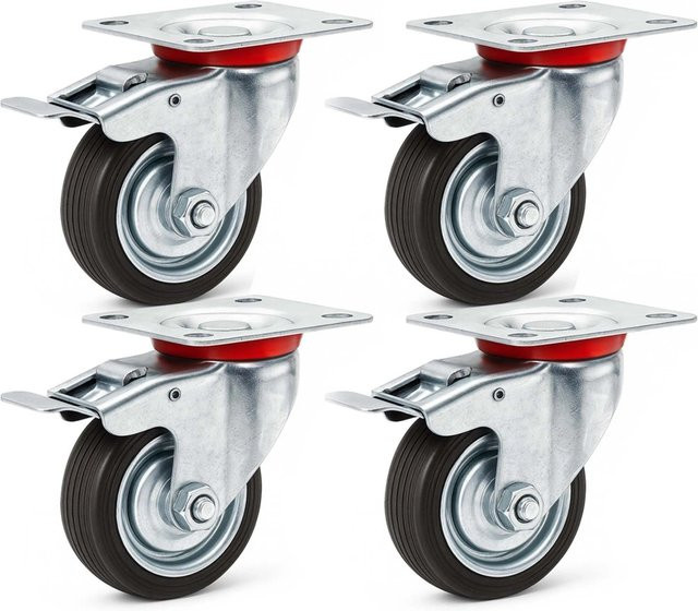 Wiltec Doppelstopp-Lenkrollen Set mit 4 schwarzen Vollgummirädern, Durchmesser: 75 mm, Tragkraft pro Rolle: 50 kg - Bild 1