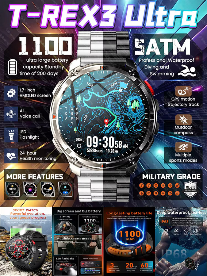 GUHUAVMI T-REX3 Ultra Smartwatch für Männer in Schwarz mit GPS, Kompass, Bluetooth-Anruffunktion und 5ATM Wasserdichtigkeit - Bild 7