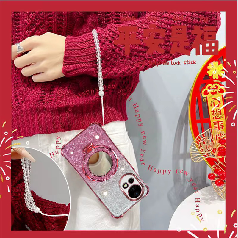 Stoßfeste Handyhülle für Huawei Nova 12 und Nova 13 Pro Ultra mit Spiegelständer, Perlenarmband und Glitzer-Design in Pink - Bild 2