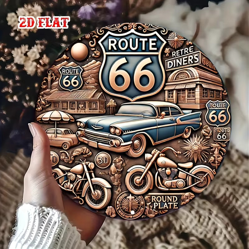 Potdemiel Vintage Route 66 Rundes Aluminiumschild in Blau mit Auto- und Motorrad-Design als Metallwandkunst für Garage und Zuhause, Durchmesser: 20 cm - Bild 5