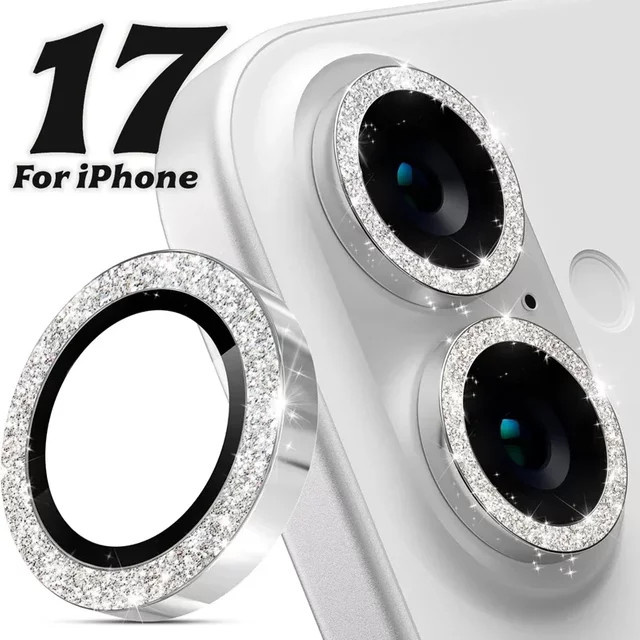 Kamera Schutzring aus Metall mit Glitter Bling Effekt für Apple iPhone 17 Pro Max, 17 Air, 16, 15 und 14 Pro Max in Grau und Silber - Bild 1