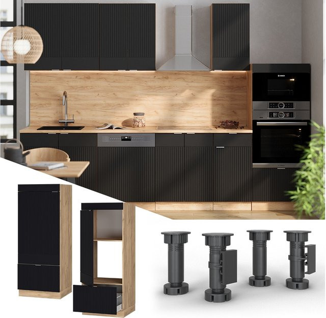 Vicco Mikrowellenschrank Fame-Line in Eiche und Schwarz gestreift mit Schublade und Soft-Close-Türen, Breite: 60 cm - Bild 1