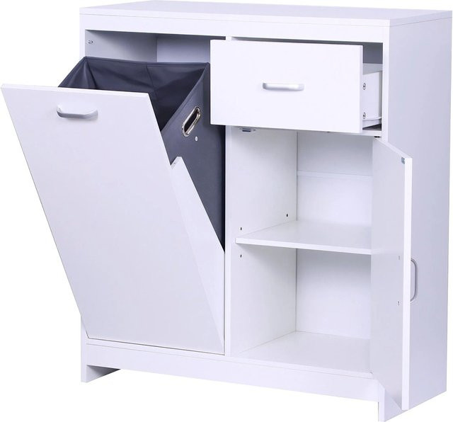Relaxdays Wäscheschrank Weiß mit Wäschesack, moderner Standschrank mit Türen und Regalböden, B/T/H: 90 x 80 x 35 cm - Bild 1