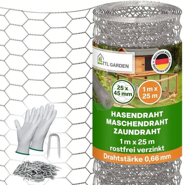 TTL GARDEN Hasendraht verzinkt in Silber, Maschenweite: 25 x 45 mm, Drahtstärke: 0,66 mm, Rolle mit 1 m x 25 m, inklusive 100 Krampen und Handschuhen für Zaun und Hochbeet - Bild 1