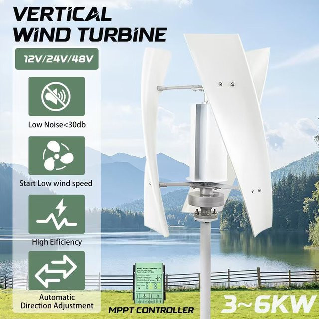 AeroVolt Vertikale Windkraftanlage mit MPPT-Controller für Haushalte und Bauernhöfe, 3000W bis 6000W, 12V/24V/48V, Farbe: Weiß - Bild 1