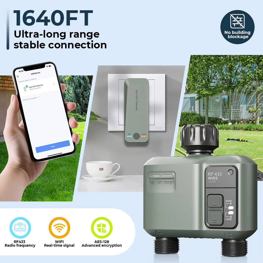 JIHUAN Tuya Smart Gartenbewässerungstimer 2-Kanal mit WLAN und RF433, Programmierbare Tropfbewässerungssteuerung in Grau - Bild 2